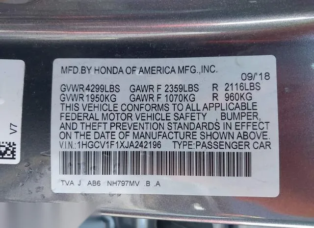 1HGCV1F1XJA242196 2018 2018 Honda Accord- LX 9