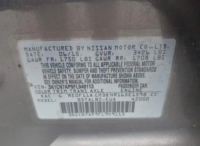 3N1CN7AP9FL949113 2015 2015 Nissan Versa- 1-6 SV 9