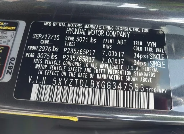 5XYZTDLBXGG347553 2016 2016 Hyundai Santa Fe- Sport 2-4L 9