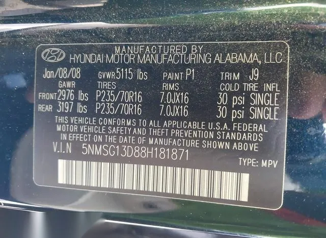 5NMSG13D88H181871 2008 2008 Hyundai Santa Fe- Gls 9