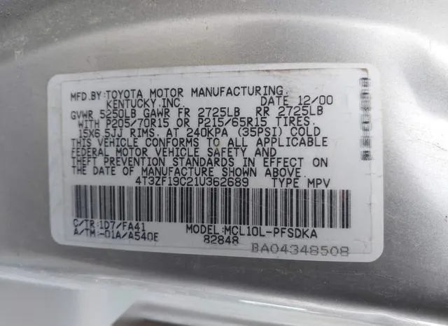 4T3ZF19C21U362689 2001 2001 Toyota Sienna- CE 9