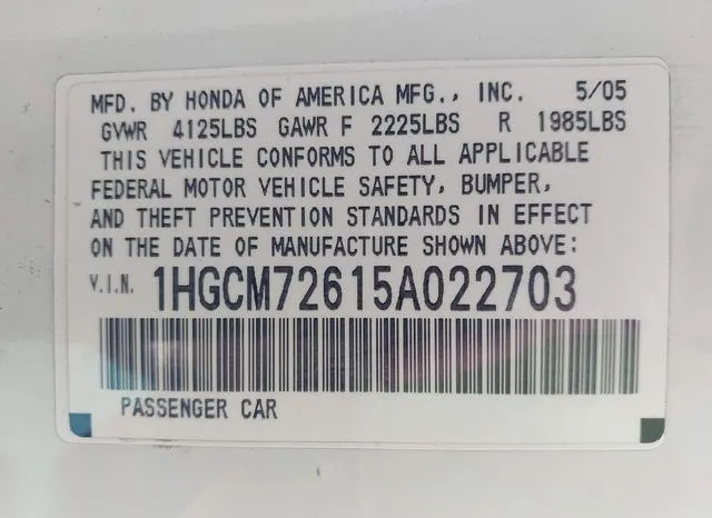 1HGCM72615A022703 2005 2005 Honda Accord- 2-4 EX 9