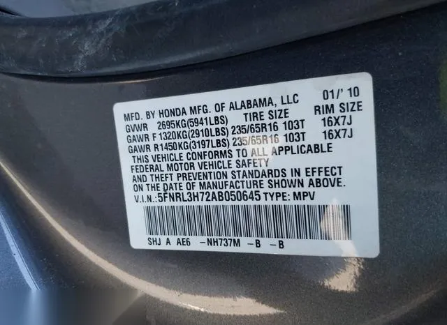 5FNRL3H72AB050645 2010 2010 Honda Odyssey- Ex-L 9