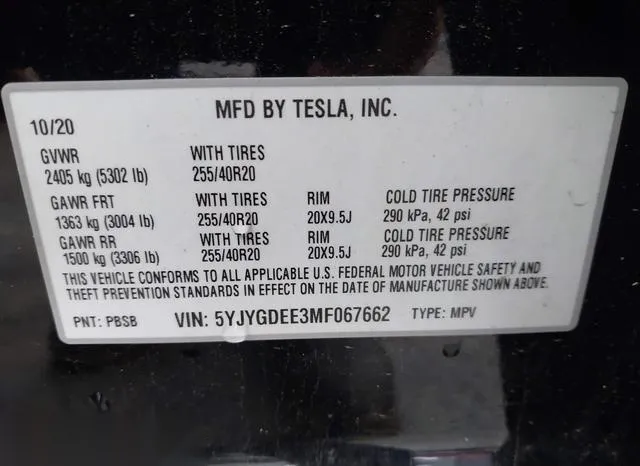 5YJYGDEE3MF067662 2021 2021 Tesla Model Y- Long Range Dual 9