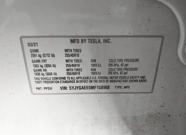 5YJYGAEE0MF158998 2021 2021 Tesla Model Y- Long Range Dual 9