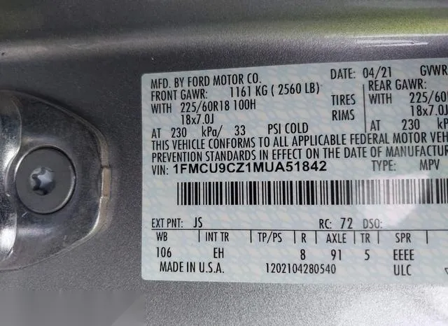 1FMCU9CZ1MUA51842 2021 2021 Ford Escape- Sel Hybrid 9