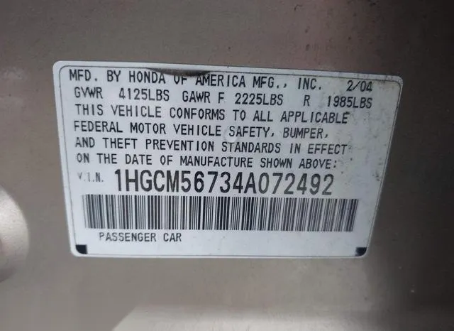 1HGCM56734A072492 2004 2004 Honda Accord- 2-4 EX 9