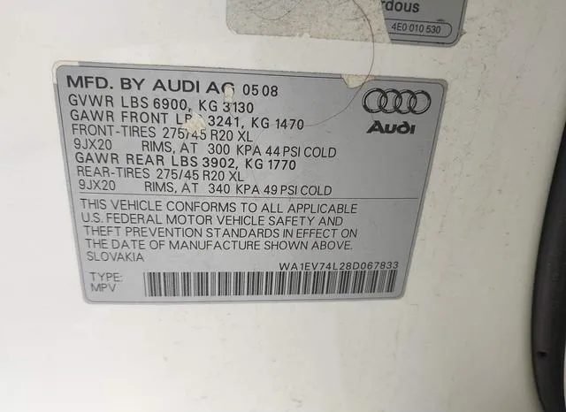 WA1EV74L28D067833 2008 2008 Audi Q7- 4-2 Premium 9