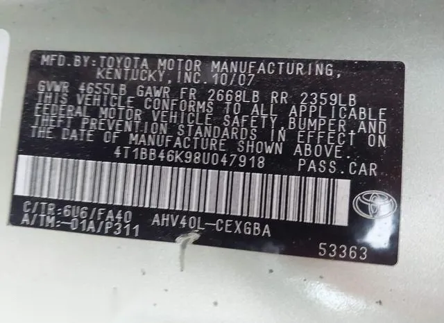 4T1BB46K98U047918 2008 2008 Toyota Camry- Hybrid Hybrid 9