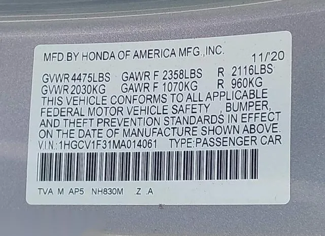 1HGCV1F31MA014061 2021 2021 Honda Accord- Sedan Sport 9