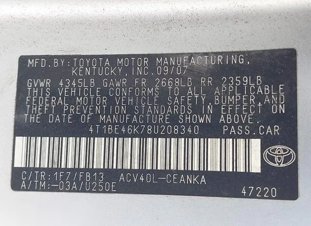 4T1BE46K78U208340 2008 2008 Toyota Camry- Ce/Le/Xle/Se 9