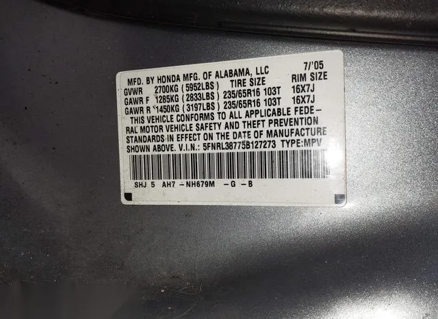 5FNRL38775B127273 2005 2005 Honda Odyssey- Ex-L 9