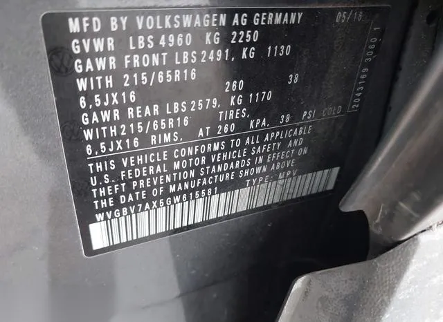 WVGBV7AX5GW615581 2016 2016 Volkswagen Tiguan- S 9