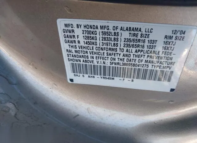 5FNRL38695B041275 2005 2005 Honda Odyssey- Ex-L 9