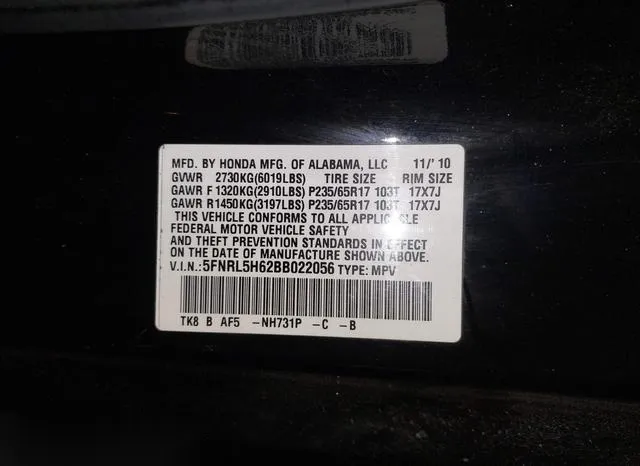 5FNRL5H62BB022056 2011 2011 Honda Odyssey- Ex-L 9