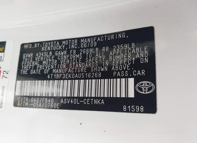 4T1BF3EK0AU516268 2010 2010 Toyota Camry- LE 9