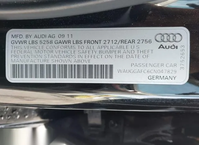 WAUGGAFC6CN047829 2012 2012 Audi A6- 3-0 Premium 9