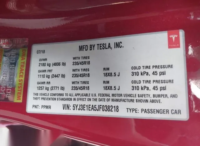 5YJ3E1EA5JF038218 2018 2018 Tesla Model 3- Long Range/Mid R 9