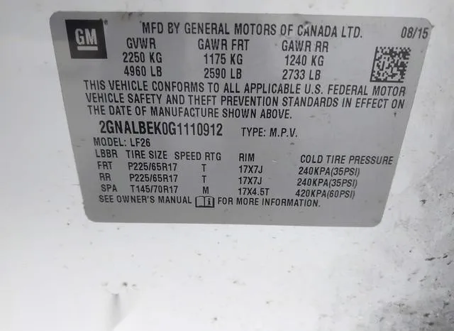 2GNALBEK0G1110912 2016 2016 Chevrolet Equinox- LS 9