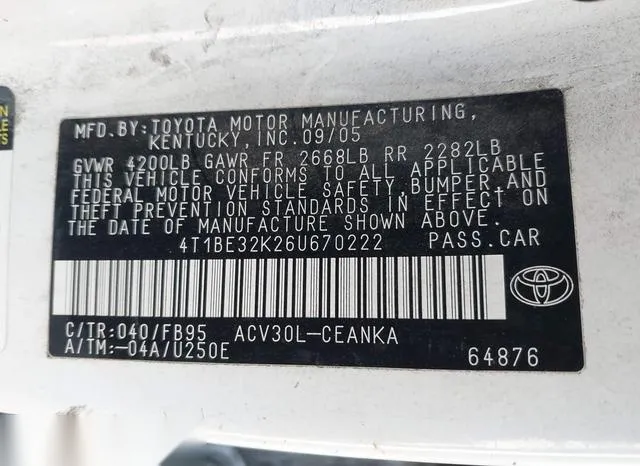 4T1BE32K26U670222 2006 2006 Toyota Camry- LE 9