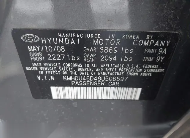 KMHDU46D48U506597 2008 2008 Hyundai Elantra- Gls/Se 9