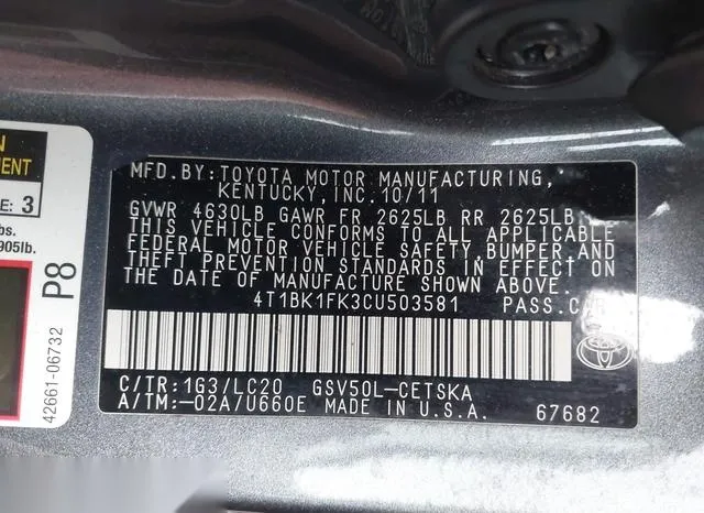 4T1BK1FK3CU503581 2012 2012 Toyota Camry- Se V6 9