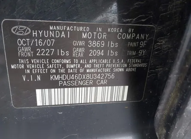 KMHDU46DX8U342756 2008 2008 Hyundai Elantra- Gls/Se 9