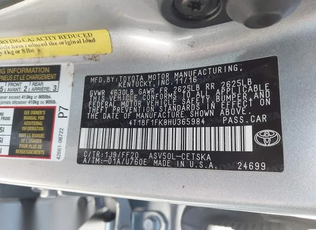 4T1BF1FK8HU365984 2017 2017 Toyota Camry- SE 9