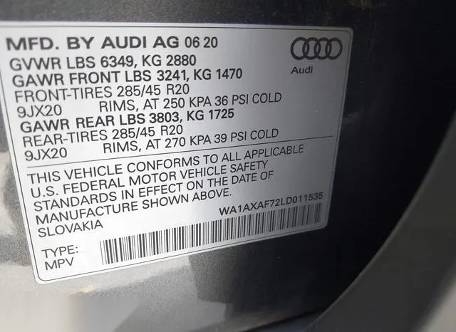 WA1AXAF72LD011535 2020 2020 Audi Q7- Premium 55 Tfsi Quattr 9