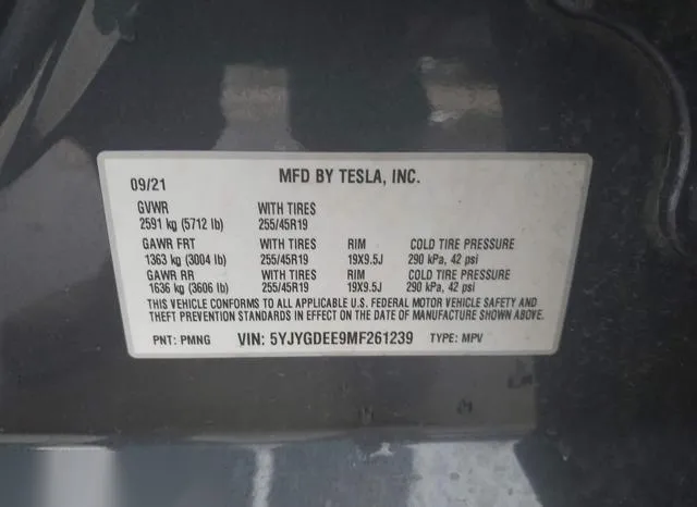 5YJYGDEE9MF261239 2021 2021 Tesla Model Y- Long Range Dual 9