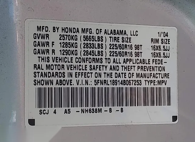 5FNRL18914B067253 2004 2004 Honda Odyssey- Ex-L 9