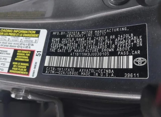 4T1B11HK9JU030105 2018 2018 Toyota Camry- LE 9