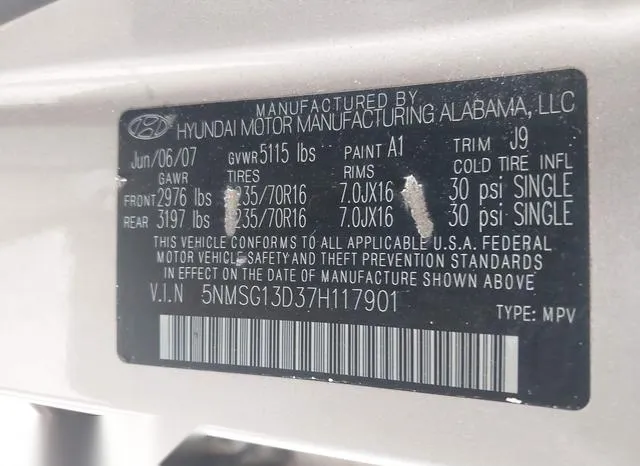 5NMSG13D37H117901 2007 2007 Hyundai Santa Fe- Gls 9