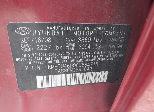 KMHDU46D08U584715 2008 2008 Hyundai Elantra- Gls/Se 9