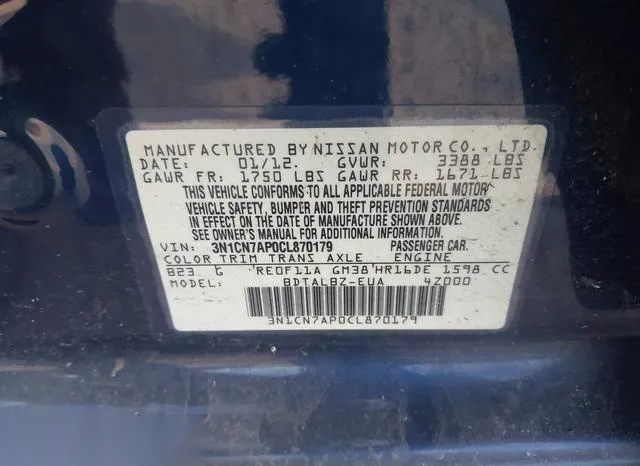 3N1CN7AP0CL870179 2012 2012 Nissan Versa- 1-6 SV 9