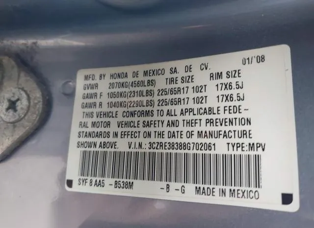 3CZRE38388G702061 2008 2008 Honda CR-V- LX 9