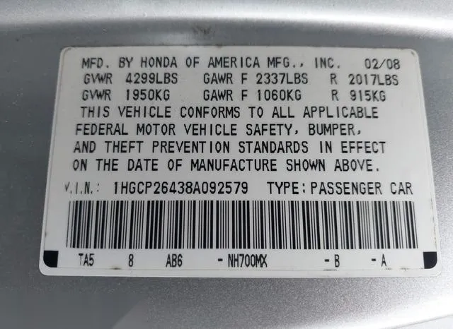 1HGCP26438A092579 2008 2008 Honda Accord- 2-4 Lx-P 9