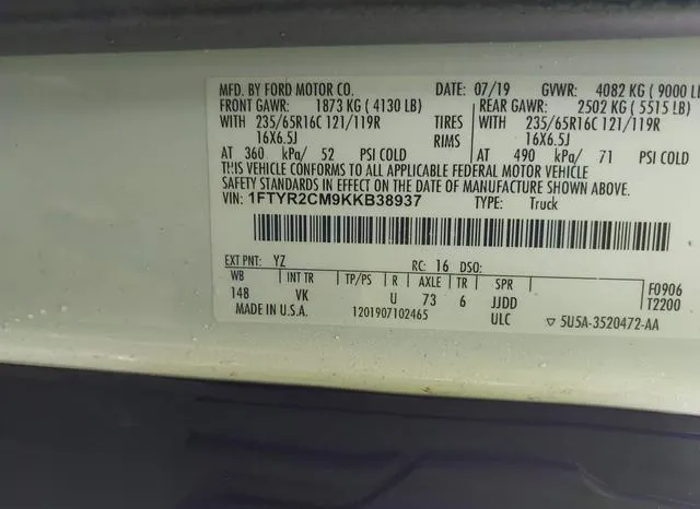 1FTYR2CM9KKB38937 2019 2019 Ford Transit-250 9