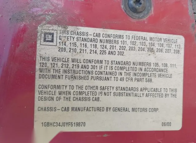 1GBHC34J0YF519870 2000 2000 Chevrolet C3500 Chassis 9