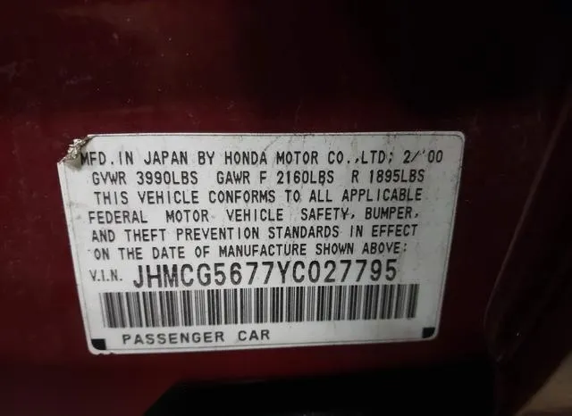 JHMCG5677YC027795 2000 2000 Honda Accord- 2-3 SE 9