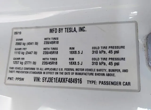 5YJ3E1EAXKF484916 2019 2019 Tesla Model 3- Long Range/Mid R 9