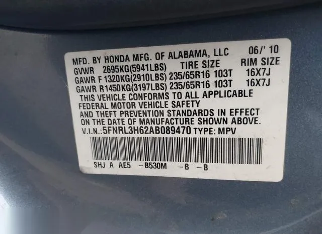 5FNRL3H62AB089470 2010 2010 Honda Odyssey- Ex-L 9