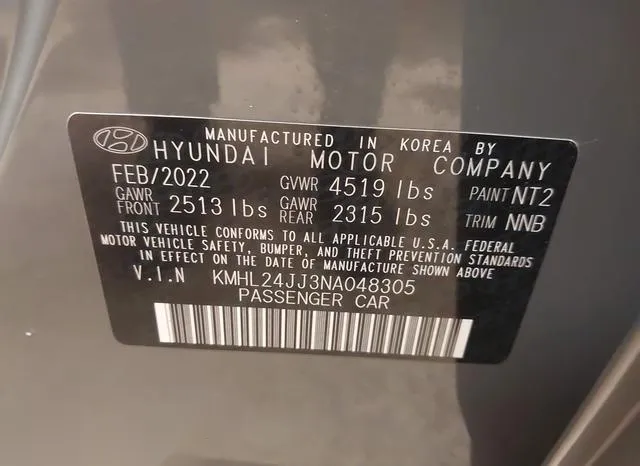 KMHL24JJ3NA048305 2022 2022 Hyundai Sonata- Hybrid Blue 9