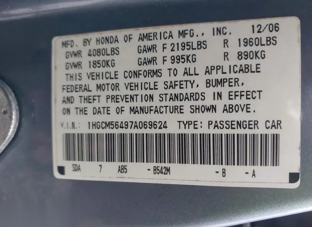 1HGCM56497A069624 2007 2007 Honda Accord- 2-4 LX 9