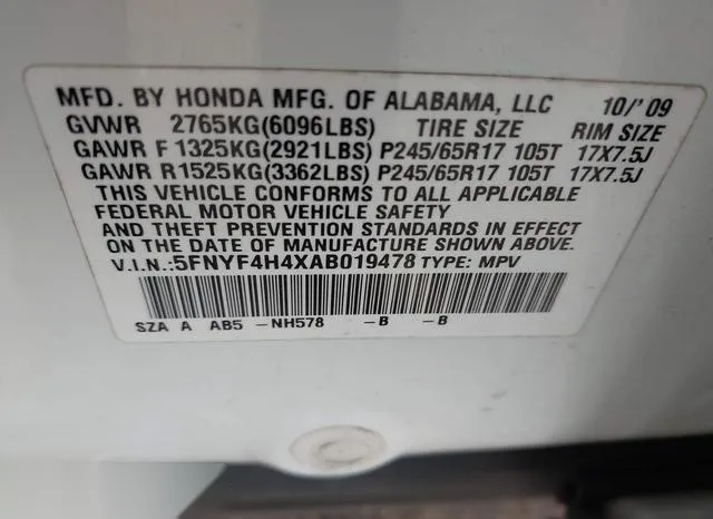 5FNYF4H4XAB019478 2010 2010 Honda Pilot- EX 9