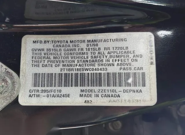 2T1BR18E5WC040433 1998 1998 Toyota Corolla- LE 9