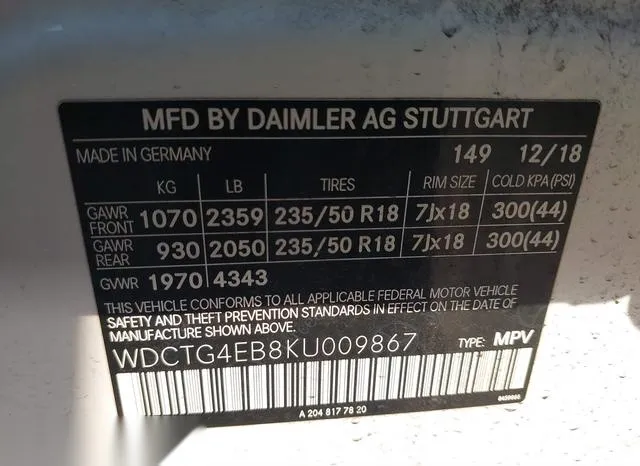 WDCTG4EB8KU009867 2019 2019 Mercedes-Benz GLA 250 9