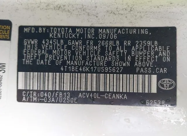 4T1BE46K17U595627 2007 2007 Toyota Camry- LE 9