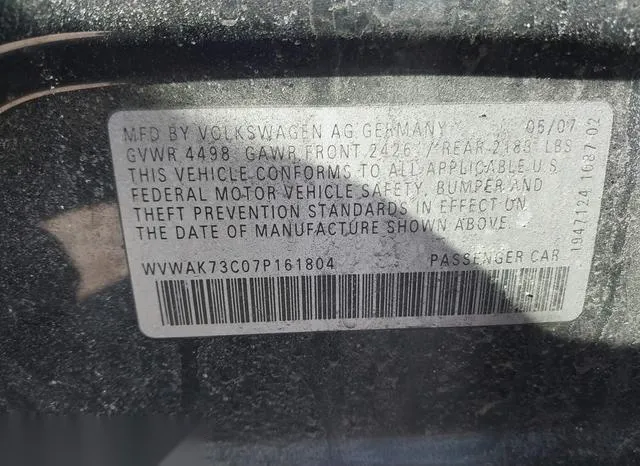 WVWAK73C07P161804 2007 2007 Volkswagen Passat- 2-0T/Wolfsbu 9