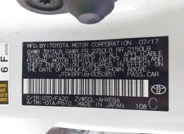 JTDKBRFU6H3050851 2017 2017 Toyota Prius- One 9